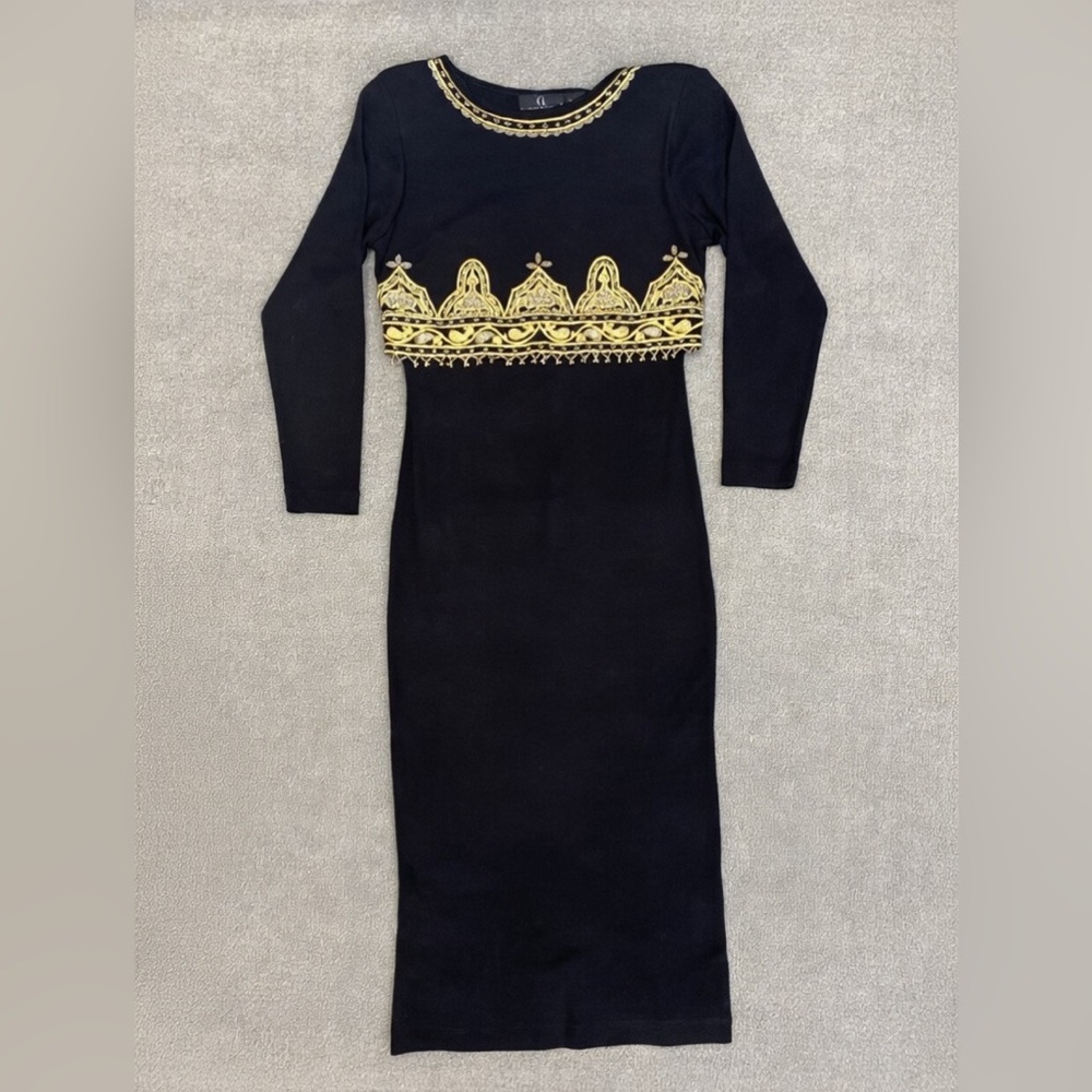 Vintage Carole Little Black Midi Dress with Gold Beading 80s 90s Elegant Slit